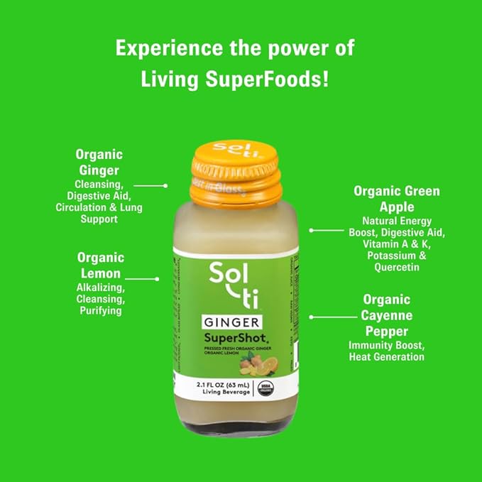 Sol-ti Organic Ginger SuperShot Drink Aids Digestion Circulation and Cleansing SuperFood Cold-Pressed Apple and Lemon Juice Blend 12 Pack (2.1 Fl oz)