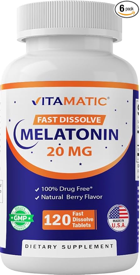 Vitamatic Melatonin 20 mg Tablets –Natural Berry Flavor – 120 Vegetarian Tablets per Bottle – 6 Bottles (Total 720)