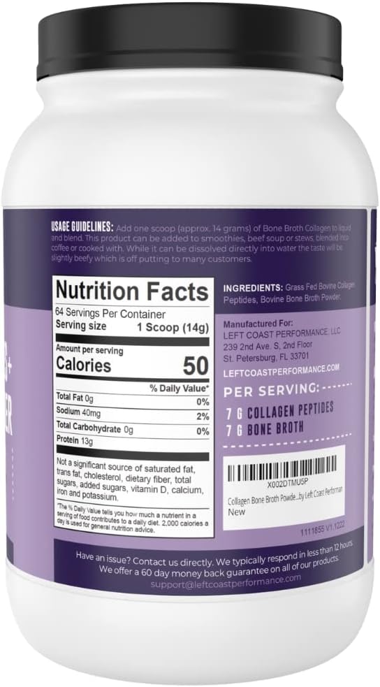 Left Coast Performance Collagen Bone Broth Powder 2lb Bone Broth with Grass Fed Collagen Peptides. Unflavoured Grass Fed Hydrolyzed Beef Zero Carb Dairy Free Protein Powder. 64 Servings