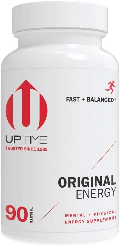 UPTIME Original Energy 90 Energy Tablets 200mg per Serving Made with Natural Caffeine Vitamin C CoQ10 Calcium Ginkgo Biloba Ginseng &amp L-Carnitine Zero Calories 66mg Caffeine Per Tablet