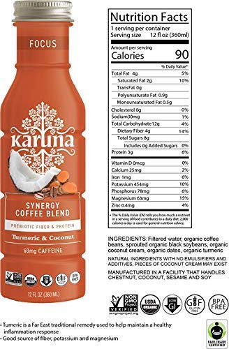 Karuna Whole Plant Synergy Organic Coffee Blend Energy Focus Pack Turmeric and Coconut Flavor 60mg Caffeine Non GMO Gluten Free 12 Fl Oz (6-Pack)
