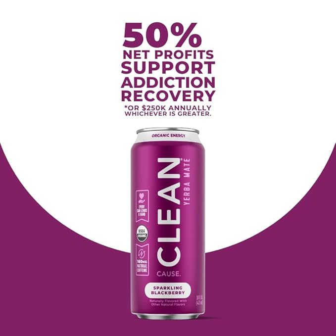 CLEAN Cause Low Calorie Peach &amp Blackberry USDA Organic Sparkling Yerba Mate Tea (16oz cans 2-12-Pack Case) Low Sugar 160mg Caffeine Healthy Alternative to Soda &amp Energy Drinks.