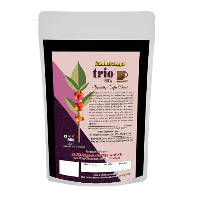 Panduranga Trio Brew Specialty Coffee Blend | Mysore Nuggets Monsoon Malabar &amp Robusta Kaapi Royale | Extra Bold Flavor | 100% Indian Coffee | Freshly Roasted Beans | 500g (Pack of 2) (2 1000g)