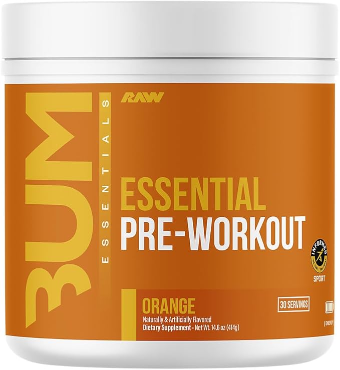 RAW Essential Pre-Workout Powder (Orange) - Chris Bumstead Sports Nutrition Supplement for Men &amp Women - Preworkout Energy Powder with Caffeine L-Citrulline L-Tyrosine &amp Beta Alanine Blend