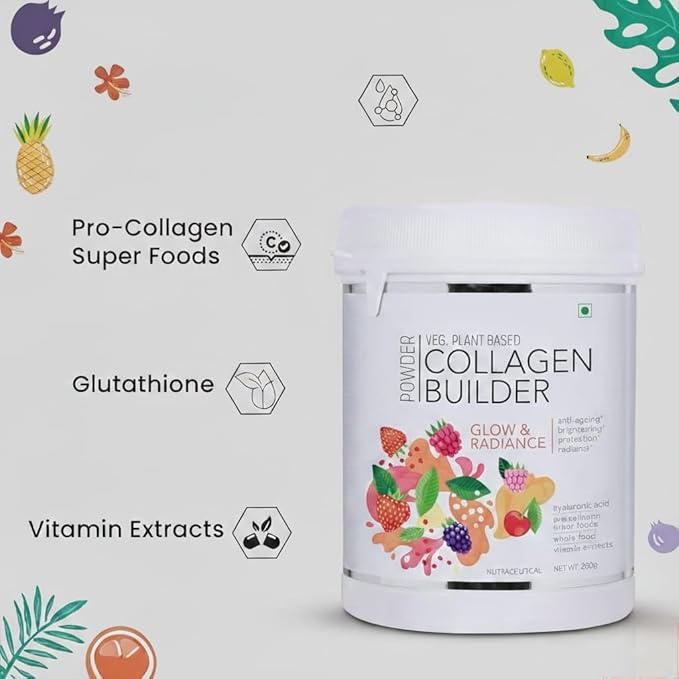Collagen Builder Veg Plant Based Powder for Women and Men for Skin Glow with Hyaluronic Acid Glutathione Vitamin Extracts Pro Collagen Super Food 250 gram Strawberry Flavour No Added Sugar