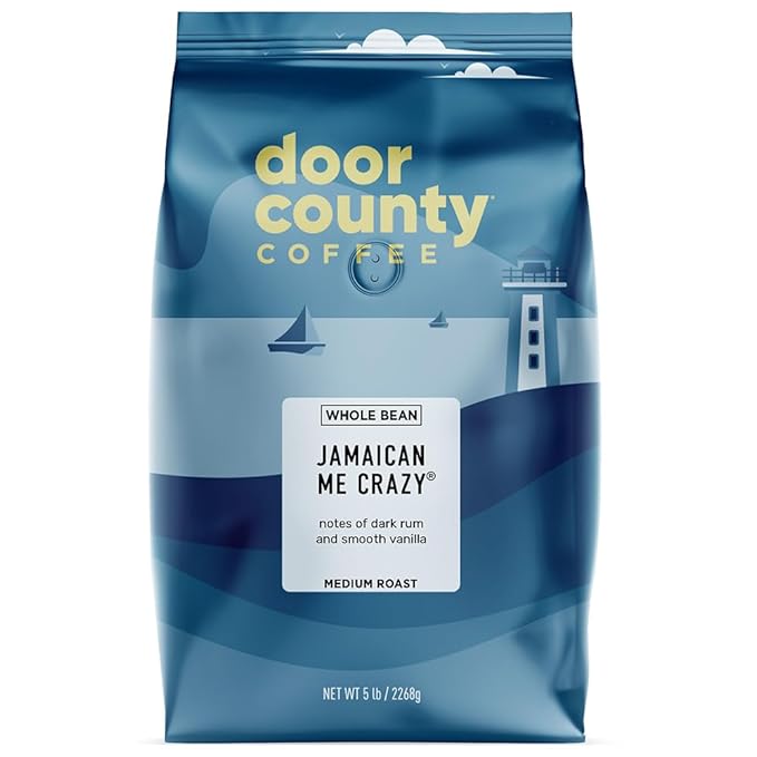 Door County Coffee Jamaican Me Crazy® Flavored Coffee Whole Bean - 5lb Bag - Medium Roast - 100% Specialty Arabica - Gourmet - Rum &amp Vanilla Flavored