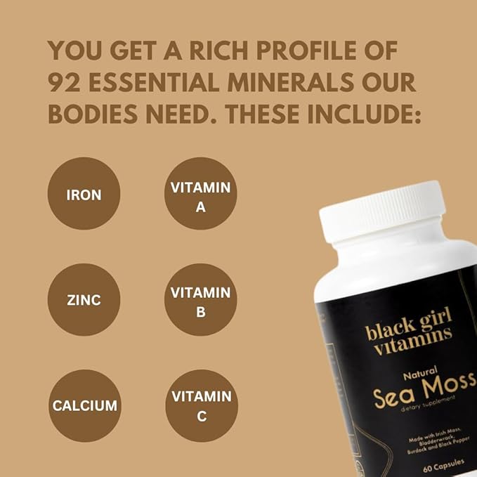 Black Girl Vitamins Organic Sea Moss Capsules – 92 Minerals Superfood Supplement | Vegan Sea Moss Pills for Thyroid Digestive &amp Immune Support | Black-Owned Non-GMO