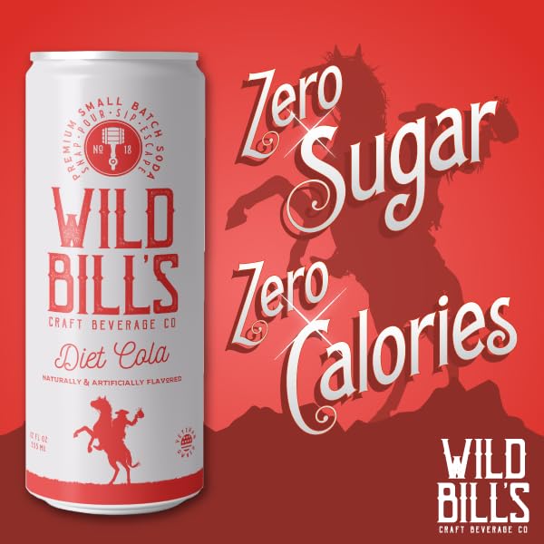 Wild Bill's Diet Cola Soda Classic Craft Soda Pop Soft Drinks Sodas Made with Pure Cane Sugar Caffeine Free NO High Fructose Corn Syrup Gluten Free Vegan Low Sodium 12 Oz 12 Pack