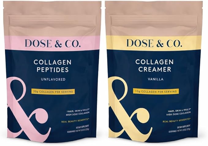 DOSE &amp CO. Collagen Powder Bundle – Unflavored Collagen Peptides (9.6 oz) + Vanilla Collagen Creamer (12 oz) | Hydrolyzed Type I &amp III Bovine Collagen | Supports Hair Skin &amp Nails | Non-G