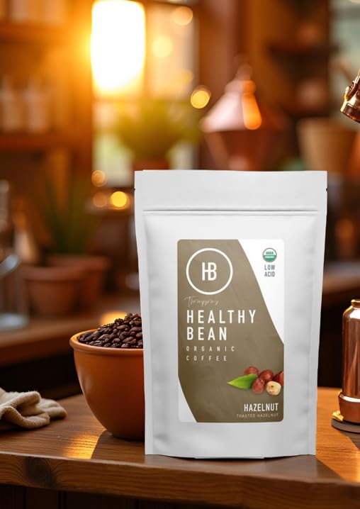 Healthy Bean Organic Ground Coffee Hazelnut Infused - Low Acid Coffee for Sensitive Stomachs - Medium Roast Blend USDA Organic Smooth and Creamy Roasted Hazelnuts Flavor 11oz