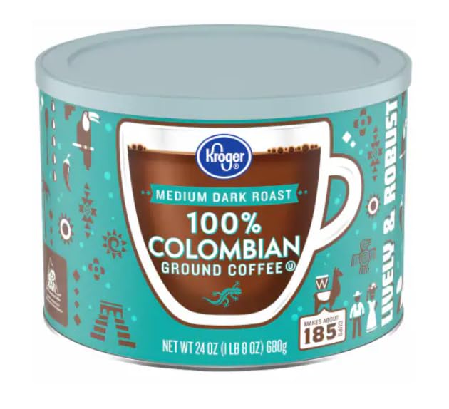 Kroger 'Lively and Robust' Medium-Dark-Roast 100% Colombian Ground Coffee 24 Oz Resealable Can 1 Pack - Makes 185 Cups±!