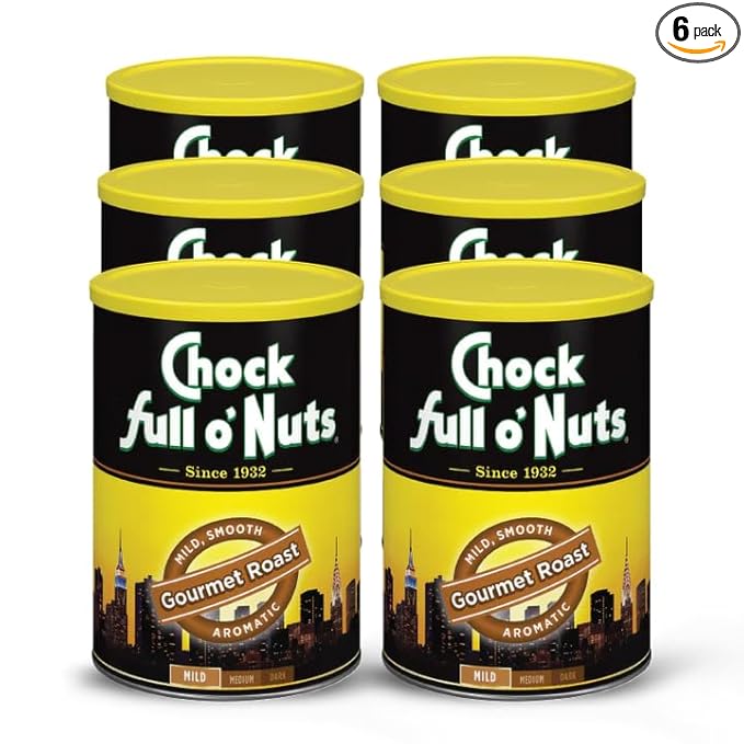 Chock Full o' Nuts Gourmet Roast Ground Coffee – Premium Beans in Recyclable Steel Can – Rich Flavor &amp Aroma Light Roast – Perfect for Drip Pour-Over Percolator – 11 Oz Can Pack of 6