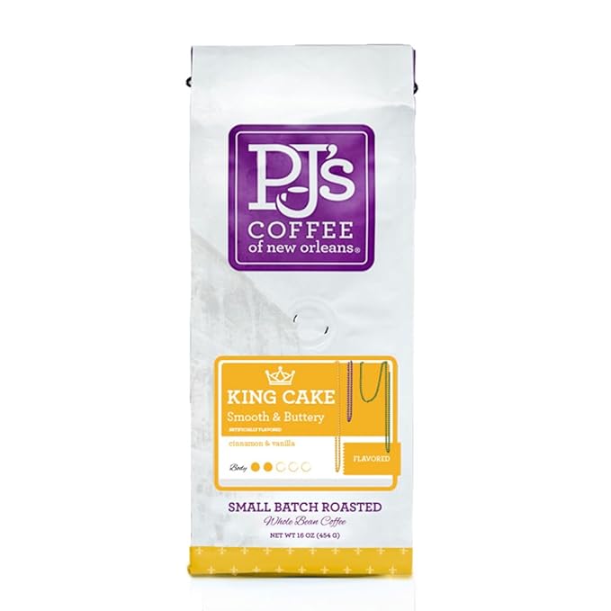 PJ's Whole Bean Flavored Coffee - Premium Fresh Balanced Small Batch Roasted Beans Authentic New Orleans Perfect for Home Brewing Gourmet Gift for Coffee Lovers (King Cake Whole Bean 16oz)
