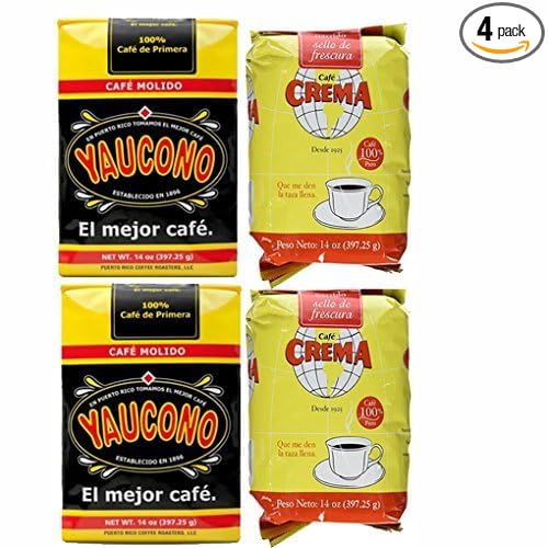 Yaucono &amp Cafe Crema Puerto Rican Ground Coffee Bundle – 4 Bags Total (2 x 14 oz Yaucono 2 x 14 oz Cafe Crema) – Medium Roast Traditional Grind Smooth &amp Balanced Flavor