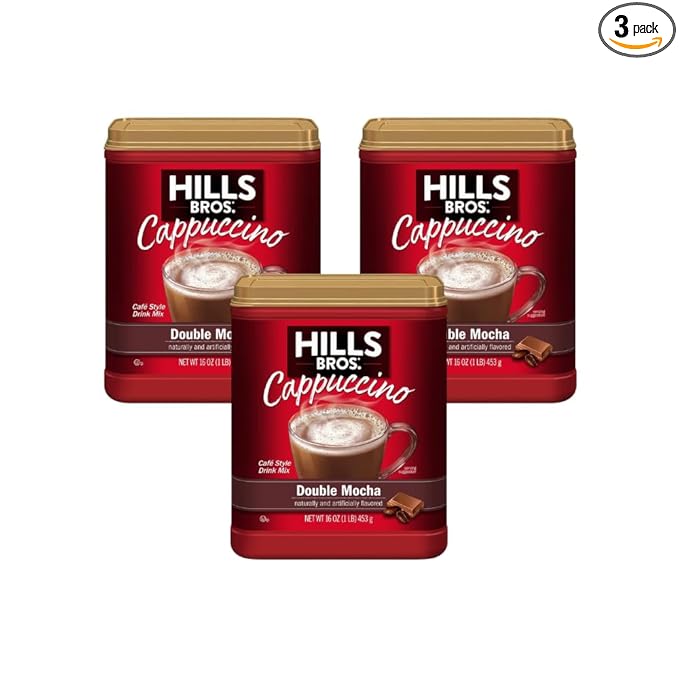 Hills Bros. Instant Cappuccino Mix Double Mocha 16 Ounces- Frothy Decadent Cappuccino with a Deep Rich Chocolate Flavor (Pack of 3)