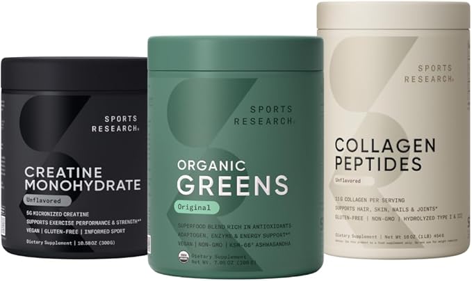 Sports Research® Organic Greens Superfood Powder w/Spirulina &amp Chlorella Adaptogens Enzymes Probiotics &amp 8 VIT Bs &amp Creatine Monohydrate &amp Collagen eptides Unflavored Hydrolyzed T