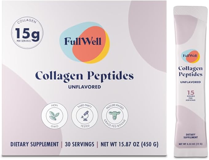 FullWell Unflavored Collagen Peptides Powder Stick Packs - Portable Grass-Fed Bovine Collagen for Skin Health - Tissue Elasticity Support - Pregnancy &amp Breastfeeding-Safe - 30 Count (30 Servings)