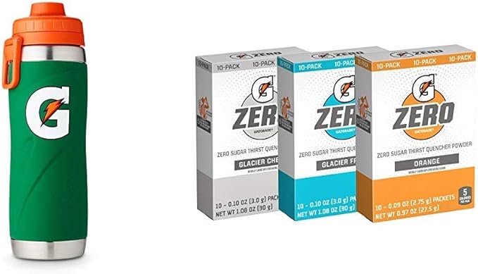 Gatorade 26oz Stainless Steel Bottle One Size Green Zero Powder 3 Flavor Variety Pack 50 Count