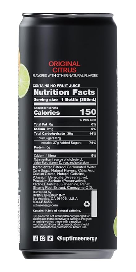 UPTIME Energy Drink Original Citrus Cane Sugar 12 Pack Vitamin C L Theanine Calcium Energy Drinks for Focus Support 142mg of Natural Caffeine per Serving Clean Natural Non GMO 12 fl oz Cans