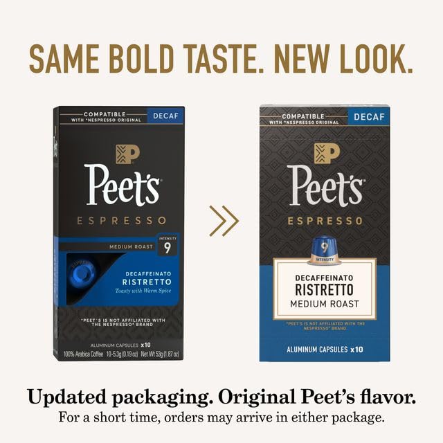 Peet's Coffee Medium Roast Decaf Espresso Capsules Compatible with Nespresso Original Machine Decaffeinated Arabica Coffee - Decaf Ristretto Intensity 10 100 CT (10 Boxes of 10 Espresso Capsules)