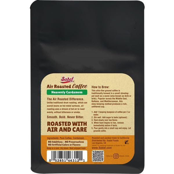 Sadaf Air Roasted Coffee with Cardamom – Ground Heavenly Cardamom Coffee - Ultra Fine Grind 100% Arabica Beans – Smooth Aromatic &amp Spiced Flavor – 12 oz Resealable Bag