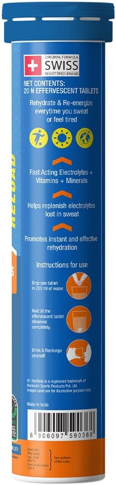 Fast&ampUp Reload Instant Energy and Hydration Sports Drink - Pack of 4 tubes with 20 tablets each - Lime&ampLemon Flavour