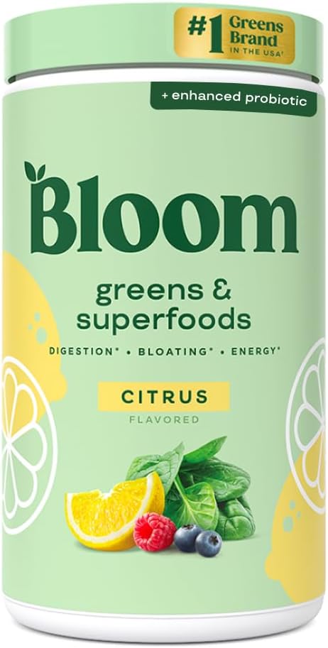 Bloom Nutrition Superfood Greens Powder Digestive Enzymes with Probiotics and Prebiotics Gut Health Bloating Relief for Women Chlorella Green Juice Mix with Beet Root Powder 60 SVG Citrus