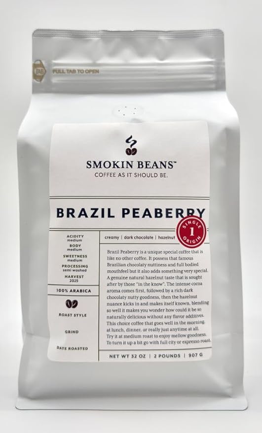 Smokin Beans 2-Pound Brazil Peaberry Freshly Roasted Coffee Semi-Washed Processing Full City Roast Premium Whole Bean Specialty Coffee