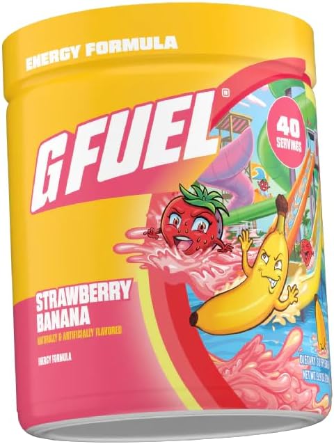 G Fuel Strawberry Banana Energy Drink Powder Pre Workout Caffeine Mix for Gaming Sugar Free Focus Amino Vitamin + Antioxidants 9.8oz (Strawberry Banana 40 Servings)