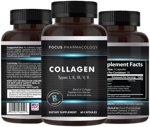 Collagen Support (Type I II III V X) Avian Sternum Hydrolyzed Collagen Skin Peptides Collagen Support with Hyaluronic Acid + Protein Complex + Natural Supplement (180 Capsules)