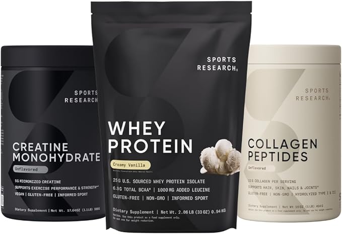 Sports Research® Protein Pack - Whey Isolate Protein Powder 2.1lb + Creatine Monohydrate 1.1lb + Collagen Peptides 1lb