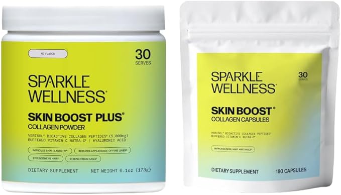 Sparkle Wellness Skin Boost Plus (No Flavor) [30-Serves] &amp Capsules (180 Pills) | VERISOL Bioactive Hydrolyzed Collagen &amp Vitamin C to Improve Skin Hair &amp Nail Health