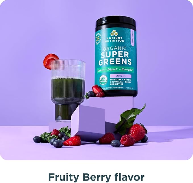 Ancient Nutrition SuperGreens Powder with Probiotics Organic Berry Flavor Greens Made from Real Fruits Vegetables and Herbs Digestive and Energy Support 25 Servings 6.7oz