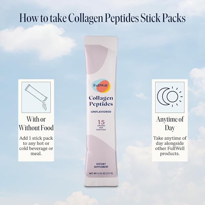 FullWell Unflavored Collagen Peptides Powder Stick Packs - Portable Grass-Fed Bovine Collagen for Skin Health - Tissue Elasticity Support - Pregnancy &amp Breastfeeding-Safe - 30 Count (30 Servings)