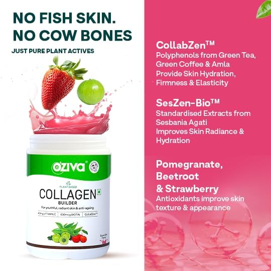OZIVA Plant Based Collagen Builder with Biotin &amp Silica Acai Berry Bamboo Shoot Sea Buckthorn for Anti Aging Beauty 0.55 lbs 100% Natural &amp Vegan Friendly (8.81 oz)