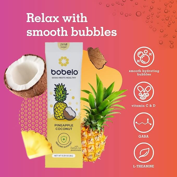 Bobelo Self Carbonating Hydration Packets | Low Calorie Drink Mix Electrolytes Powder Packets | Keto Friendly Sugar Free | Soda &amp Sparkling Water Alternative | Pineapple Coconut 30ct