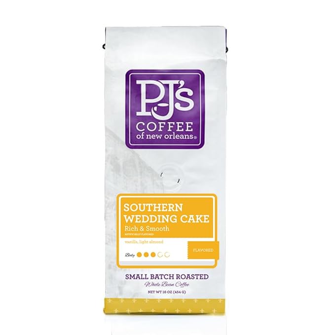 PJ's Whole Bean Flavored Coffee - Premium Fresh Balanced Small Batch Roasted Beans Authentic New Orleans Perfect for Home Brewing Gourmet Gift for Coffee Lovers (Southern Wedding Cake Whole Bean 16