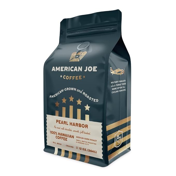 American Joe Coffee Pearl Harbor 100% US Grown Specialty Coffee Roasted in Kansas City Medium-Dark | Whole Bean 12oz Gourmet Artesian Grade American Grown American Made Hawaiian Coffee