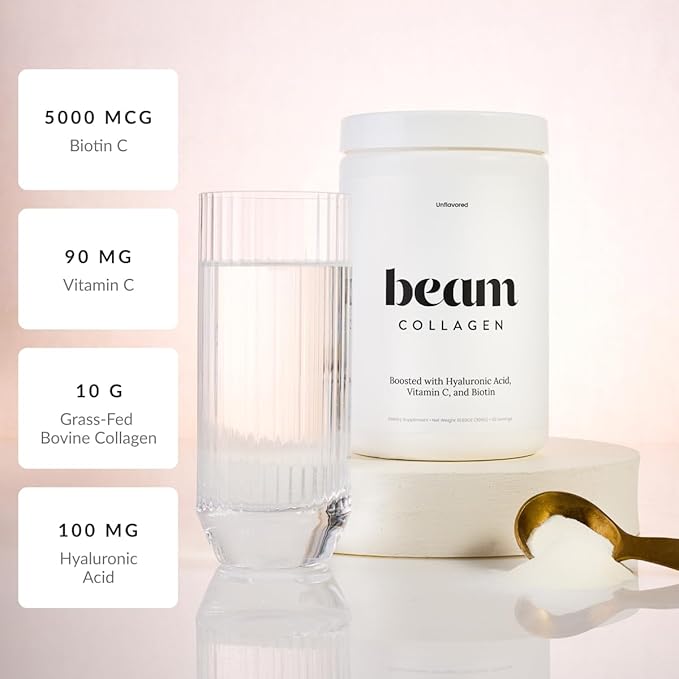 Beam Collagen Powder Collagen for Women Collagen with Hyaluronic Acid Collagen Peptides Type 1 and 3 with Biotin Grass Fed Bovine Third-Party Tested Best for Coffee Vitamin C 30 Servings