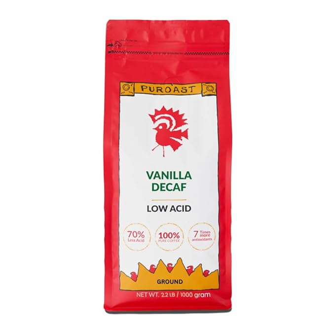 Puroast Low Acid Coffee Flavored Decaf | Decaf Vanilla Ground | Medium Roast | High Antioxidants &amp High pH |No Bitter Aftertaste | Reduced Heartburn &amp GERD | Suitable for Cold Brew - 2.2 LB