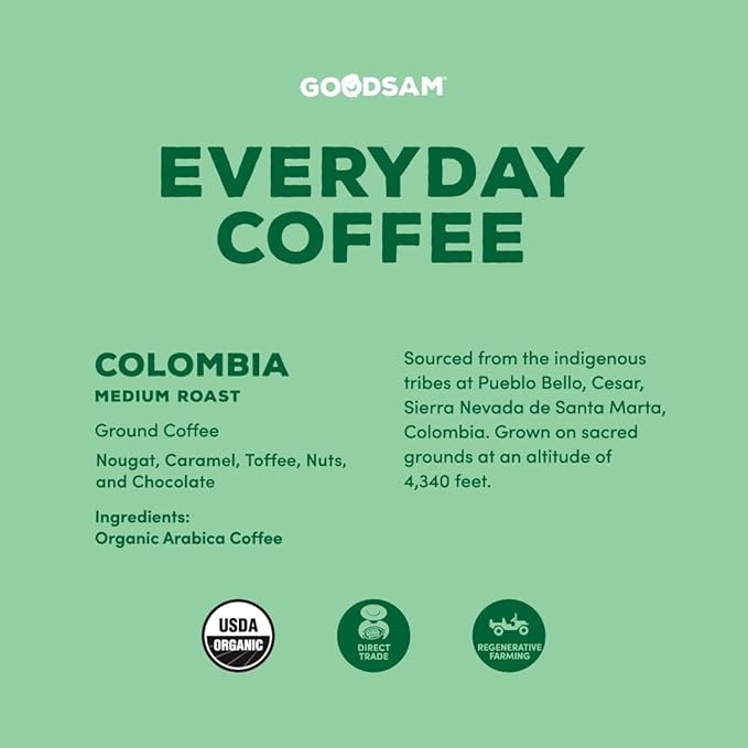 GoodSAM Colombian Medium Roast Organic Ground Coffee — Smooth &amp Balanced Flavor — Single-Origin Arabica Coffee — 32 oz Bulk Bag