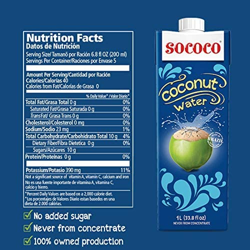 SOCOCO 100% Pure Coconut Water | Natural Electrolytes | Vital Nutrients | Refreshing 33.8 Oz (Pack of 6)
