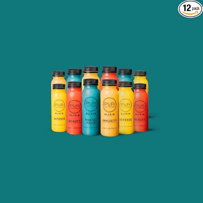 PUR Wellness Shots – Elixir Combination 12 Pack with Mental Majik Beauty Defense and Immunity Shots – Fresh Cold-Pressed Raw Juice – Non-GMO Pressed at Source – 2.5 fl oz