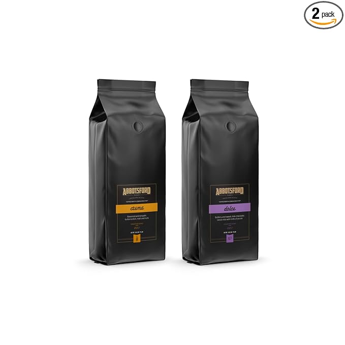 Abbotsford Road - Specialty Coffee Variety Pack Espresso Gourmet Roasted Coffee Beans Ideal for Cold Brew Drip Aeropress Pour Over or Percolator Includes Two 12oz Bags (Crema | Dolce Ground)
