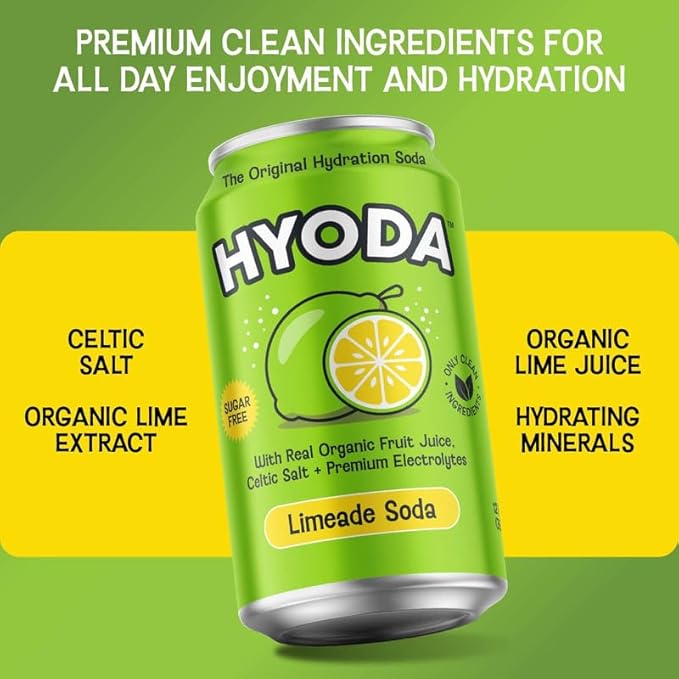 HYODA Limeade Soda Gluten Free and Vegan Sparkling Electrolyte Drink Made with Organic Lime Juice Celtic Salt and Calcium Keto Zero Sugar Plant Based Caffeine Free 12 FL OZ Cans 12 Pack