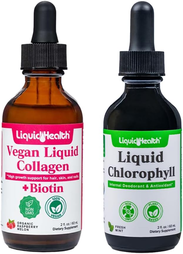 LIQUIDHEALTH Vegan Liquid Collagen Plus Biotin &amp Liquid Chlorophyll Dropper Bundle - Hair &amp Nail Growth Skin Health Internal Deodorizer Stops Bad Breath Reduces Appetite - USA Made Vegan