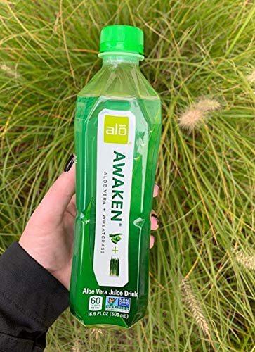 ALO Aloe Vera Juice Drink | AWAKEN - Aloe Vera + Wheatgrass | 16.9 fl oz Pack of 12 | Plant Based Drink with Real Aloe Vera Pulp