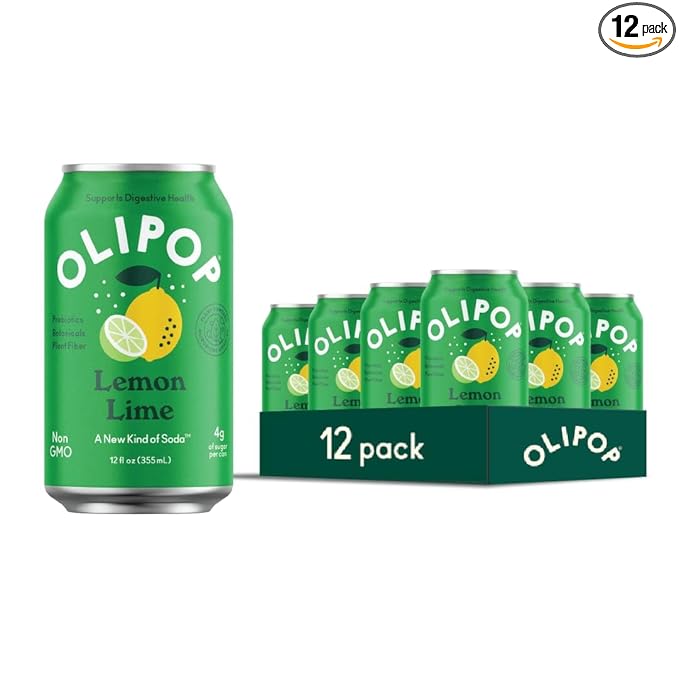 OLIPOP Prebiotic Soda Pop Lemon Lime A New Kind of Soda Packed with Prebiotics Fiber and Botanicals Gluten Free GMO Free 12oz (12-Cans)