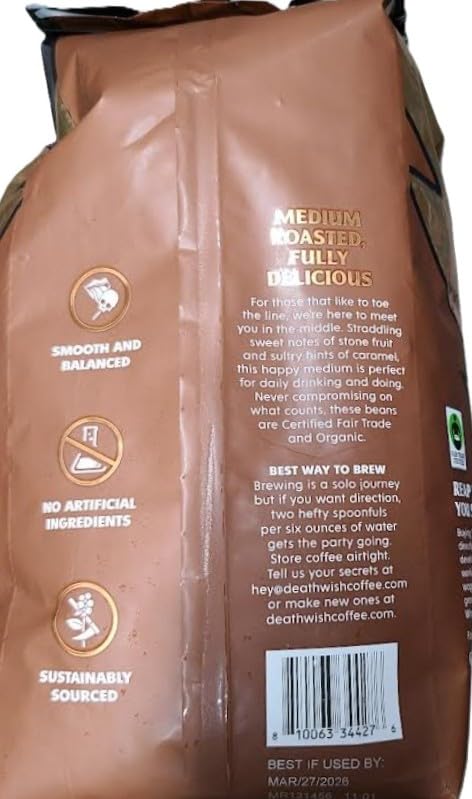 Death Wish Coffee Premium Organic Whole Bean Coffee Medium Roast 30 Ounces