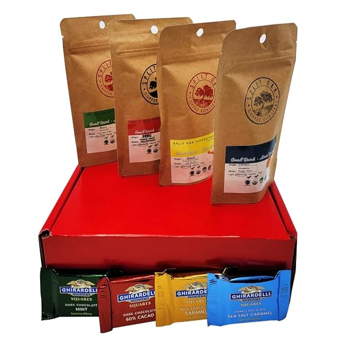 Split Oak Coffee Gift Set - 4 Medium Roast Coffees whole beans varieties: Peru Brazil Guatemala Ethiopia and 4 Assorted Delicious Chocolate Squares